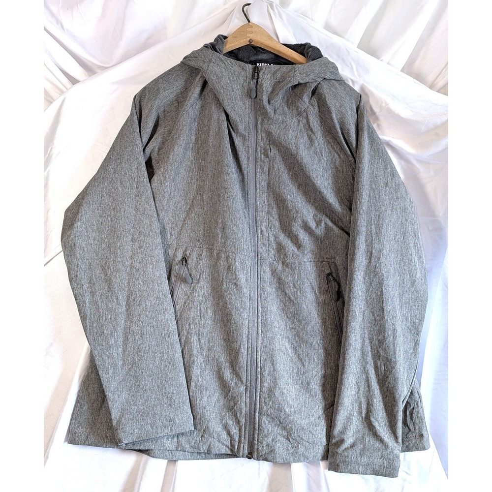 Kirkland Signature Trench Coat Rain Size XL Gray Hooded Full Zip Plush Lining